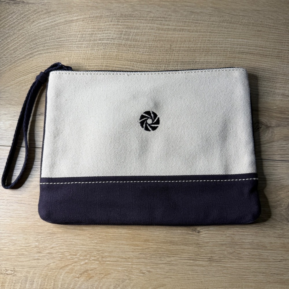 Lands End Navy Blue Cream Canvas Wristlet Pouch Nautical Prep Coastal Clutch Bag